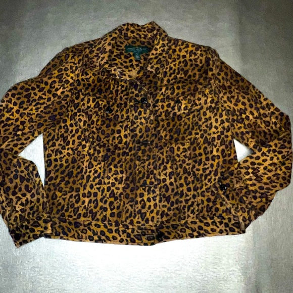 Lauren Ralph Lauren denim Jean leopard print jacket size large petite cotton - Picture 1 of 3